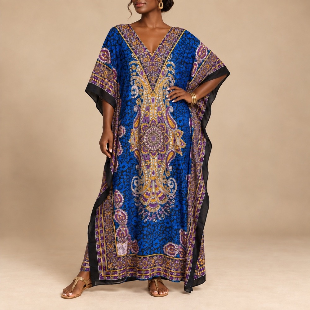 233 Blue Paisley Floral Kaftan Maxi Dress Boho Resort Batwing V Neck Statement